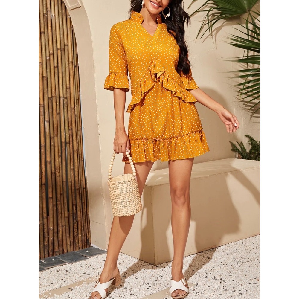 Mustard Polka Dot Ruffle Mini Dress preppy dainty whimsi Y2K boho beach resort S